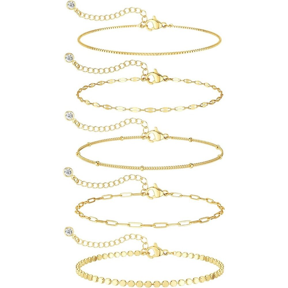 Gold Bracelets for Women Trendy, Dainty 14K Gold Plated Bracelet Stack Beaded Ch